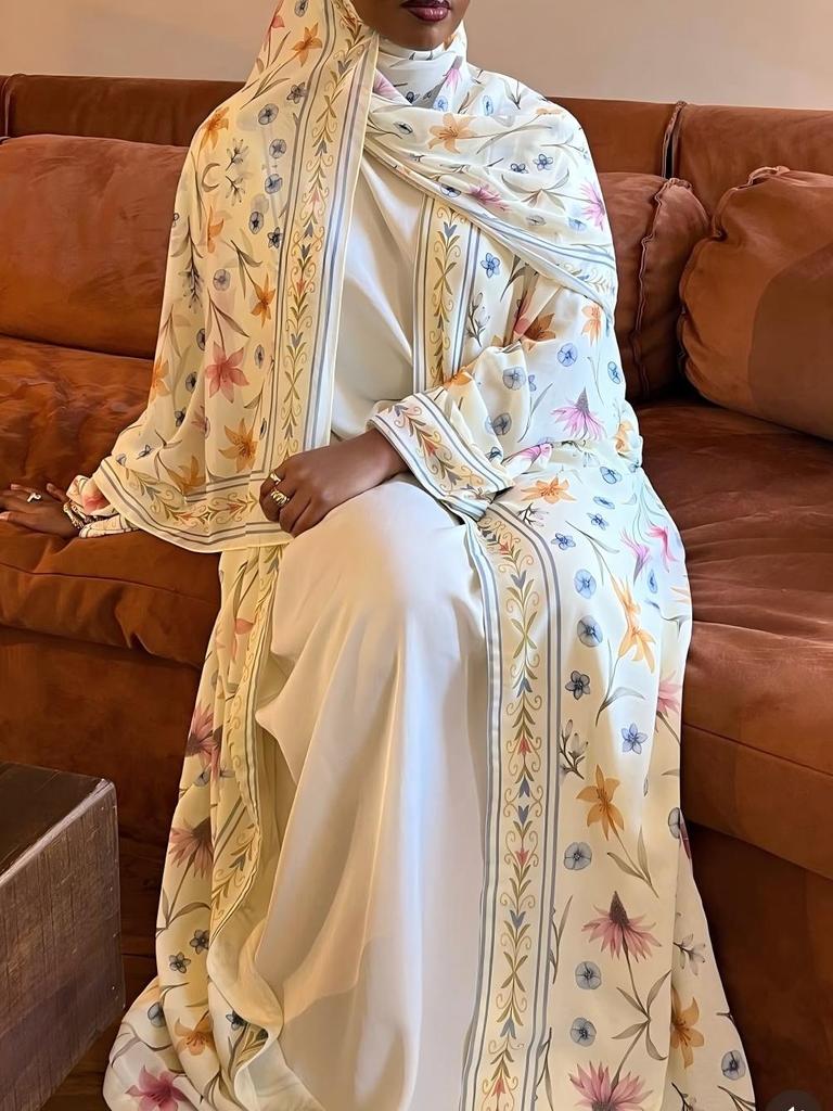 Floral Long Dress & Headscarf Two-Piece Cardigan Set