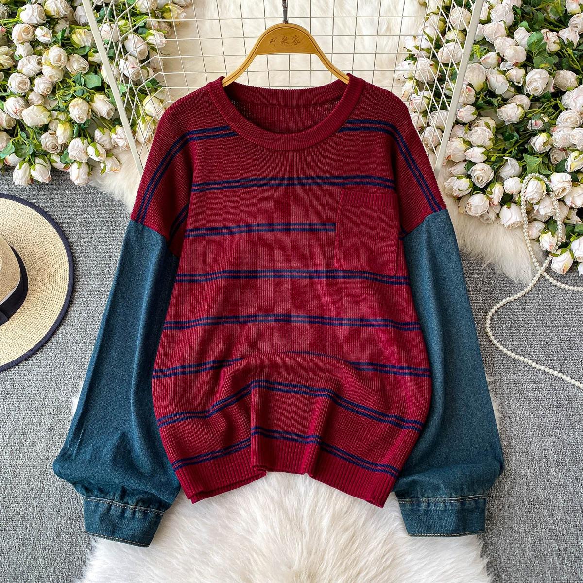 

Korean Niche Non-collision Shirt Striped Splicing Denim Long-sleeved Sweater Women s Autumn and Winter Knitted Sweater Loose Lazy Top M червоний