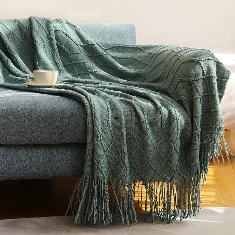 Nordic Knitted Throw Blankets with Tassels Khaki Cream Grey Vintage Blankets Luxury Bed Sofa Couch Oversized Bedspread Cover