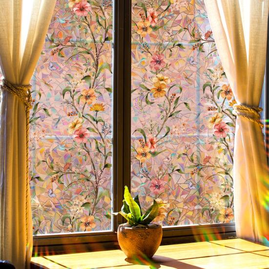 Stained Glass Window Privacy Film Colorful Floral Glass Decals Anti UV Heat Control Non Adhesive Static