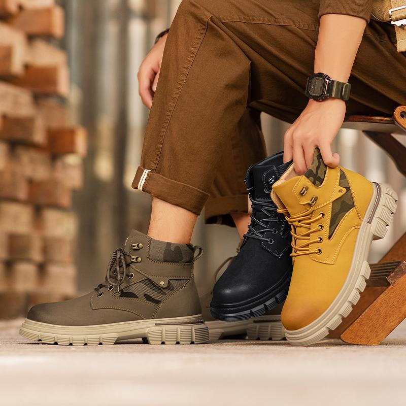 Retro Men's Ankle Boots Waterproof Casual Leather Boots High Top Shoes for Men Non Slip Work Boots