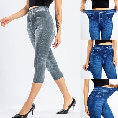 Modne damskie legginsy z nadrukiem dżinsowym Butt Lifting Slim elastyczne spodnie przycięte spodnie wyglądają drukowane Stretch Capripants