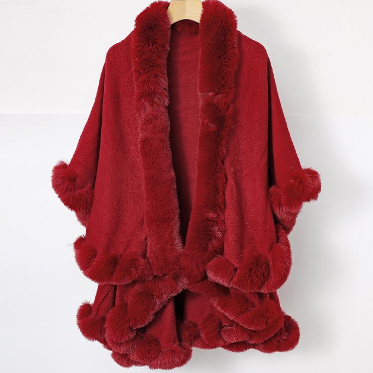 Women Double‑Layer Faux Fur Trim Poncho Shawl Winter Warm Open Front Cape Outerwear