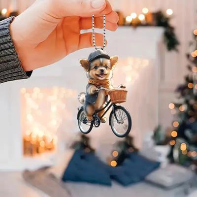 Christmas Tree Ornaments Lifelike Puppy Riding Bicycle Pendant 2D Flat Double-Printed Acrylic Hanging Decoration AVE