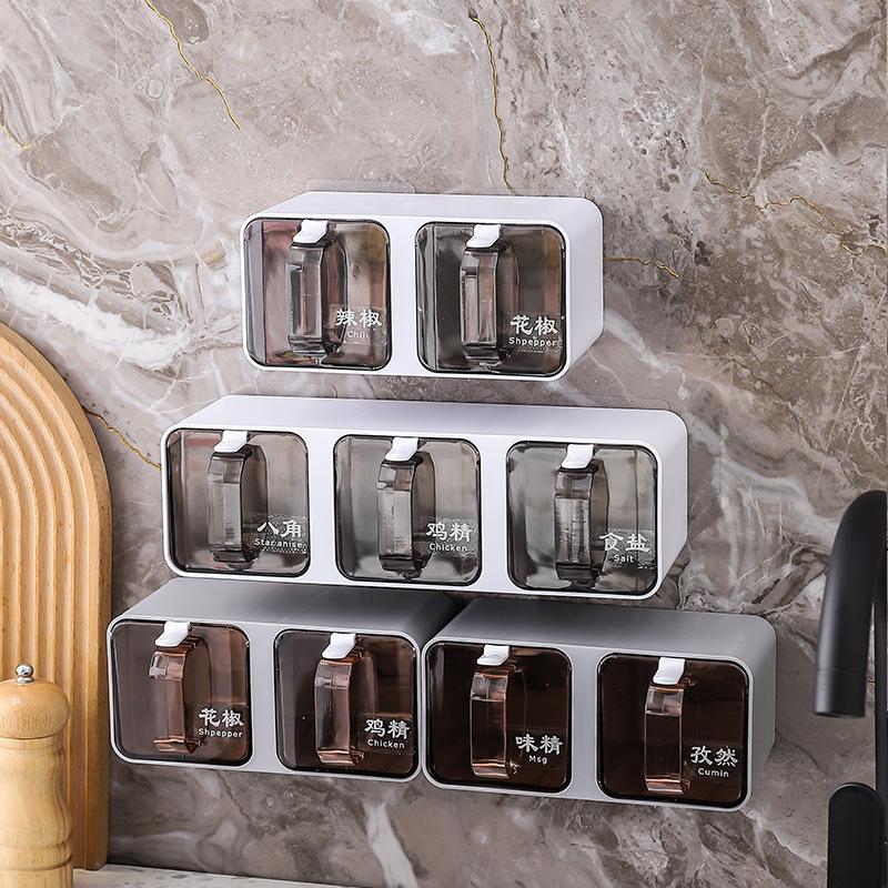 Wall-mounted Seasoning Box Spice Rack Sugar Bowl Salt Shaker Seasoning Container Spice Box With Spoons Kitchen Storage Organizer