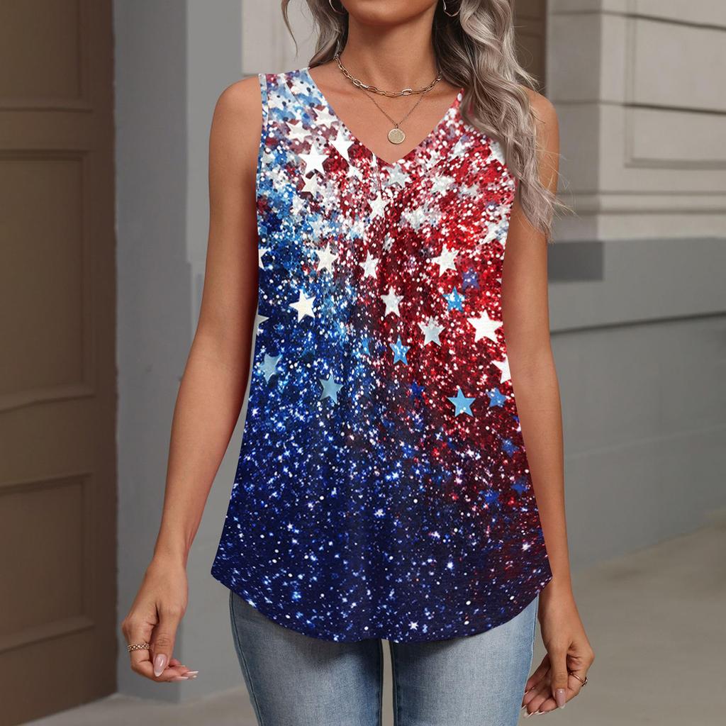 V-Neck Tank Top Women Print Tank Tee Casual Loose Fit Sleeveless Shirt