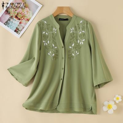 Women Casual Stand Collar 3/4 Sleeve Loose Embroidery Blouse