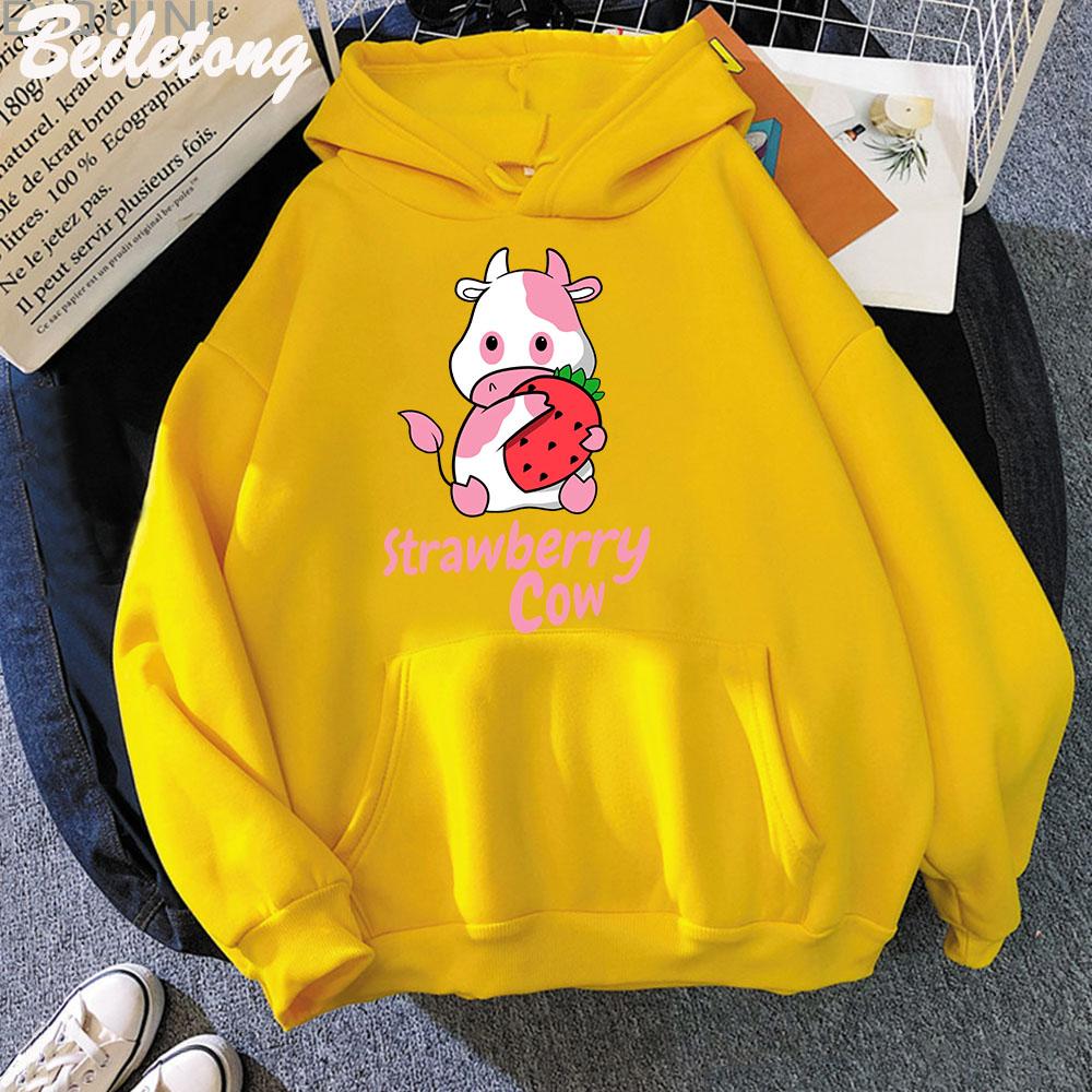 Strawberry Milk Cow Cartoon Hoodie Kawaii Clothing Aesthetic Girls Sudadera Mujer Pink Long Sleeve Loose Sweatshirt