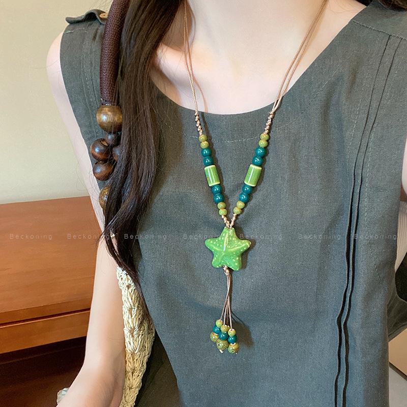 New Chinese Color Ceramic Beaded Star Necklace Female Bohemian Retro Ethnic Style Long Sweater Chain Accessories
