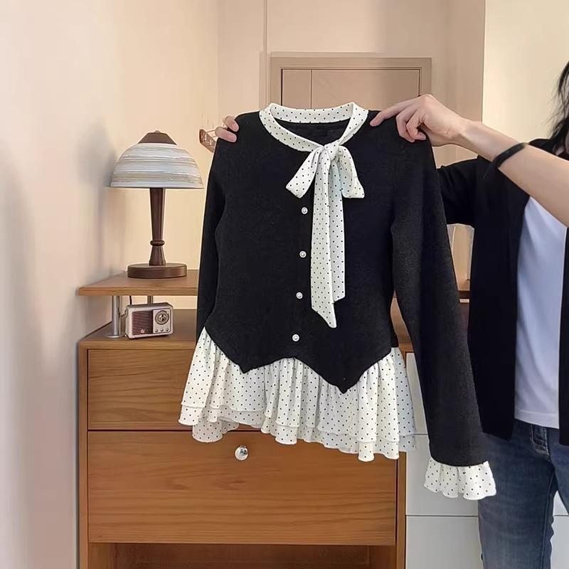Korean Style Polka Dot V-Neck Ruffle Long Sleeve Tie-Up T-Shirt for Women - Autumn/Winter Two-Piece Look