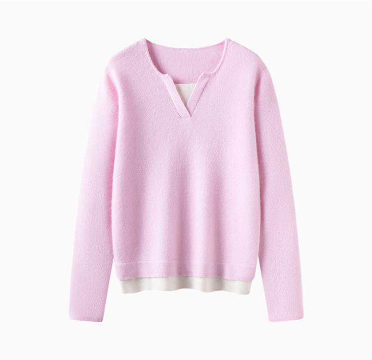 Women's Loose V-Neck Spliced Cashmere Sweater with Contrasting Colors