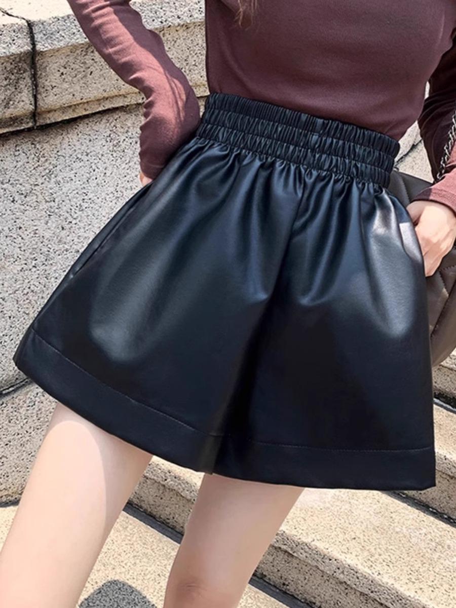 2026 Autumn/Winter Women s High-Waist PU Leather A-Line Shorts: Fashionable, Loose-Fit, Wide-Leg Korean Style S чёрный