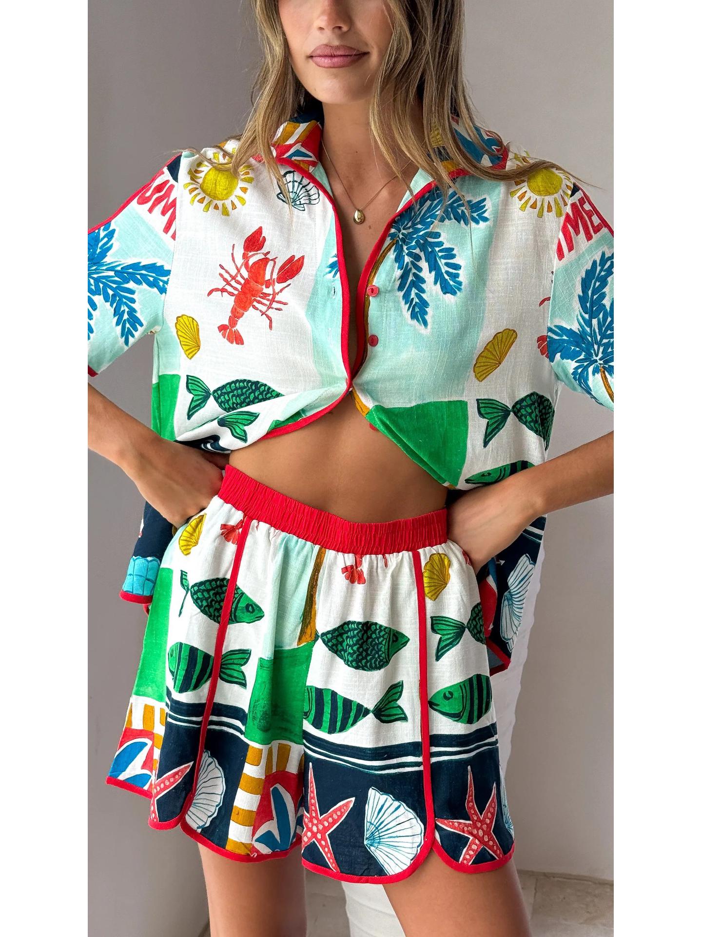 2025 European/American Style Linen Casual Versatile Shirt & Cardigan Shorts Set XXL цветочный