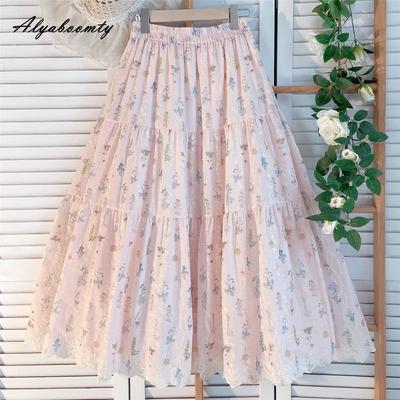 Prairie Chic Wiosna Lato Damska Różowa Spódnica Wysoki Stan Haft Kwiatowy Słodka Spódnica Mori Girl Elegancka Delikatna Midi Spódnica A-Line