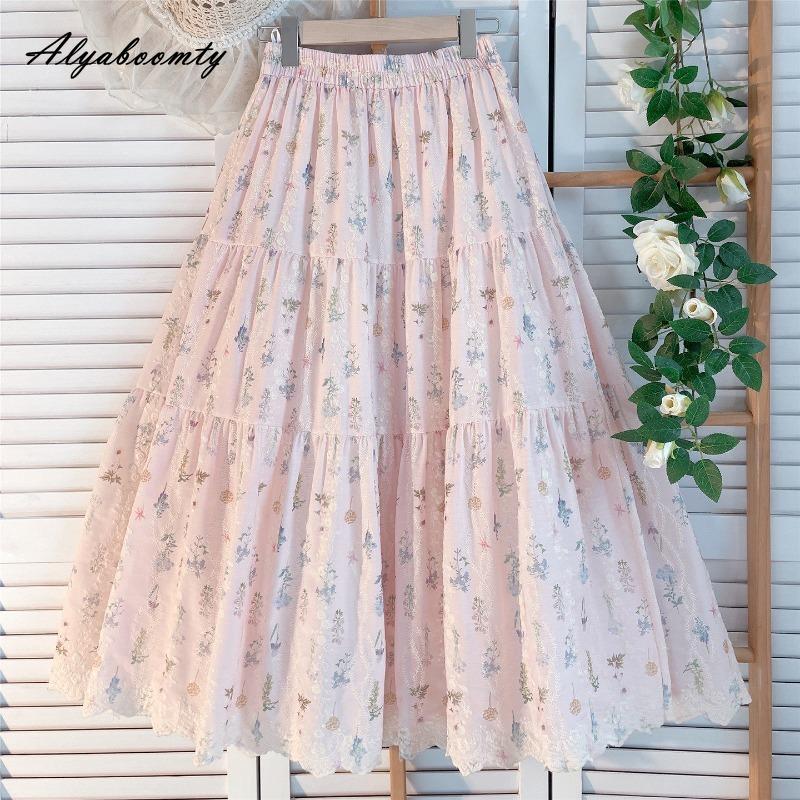 Prairie Chic Spring Summer Women Pink Skirt High Waist Floral Embroidery Sweet Skirt Mori Girl Elegant Delicate Midi A-Line Skirt