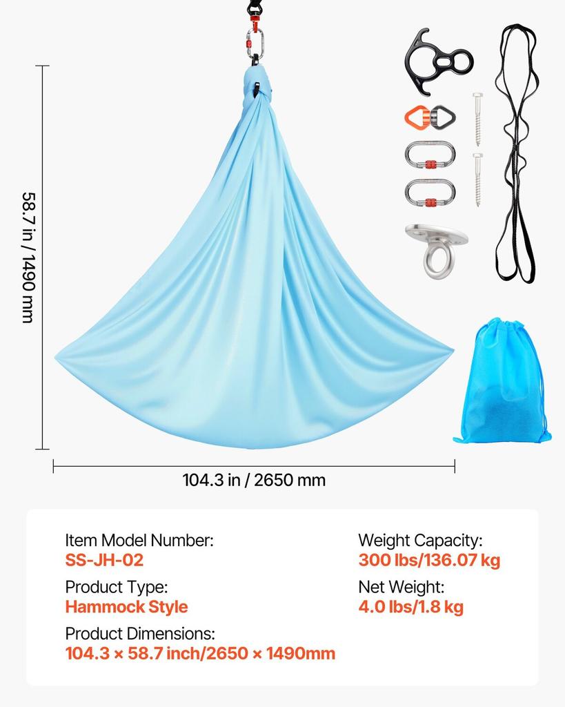 Aerial Yoga Hammock, Maximum 136.07 kg Load Aerial Silk, Yoga Swing with Nylon Fabric, Daisy Rope, PE Zipper Bag, Gymnastics Swings Suitable for Men