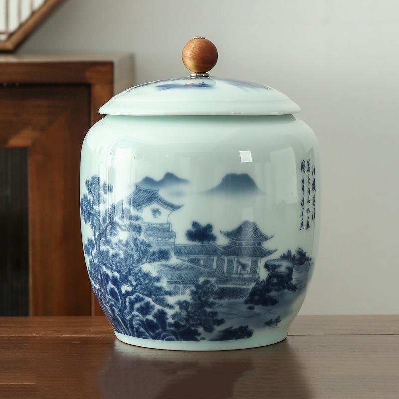 Chinese style retro ceramic blue and white tea jar, home decoration flower tea sealed storage without cross flavor