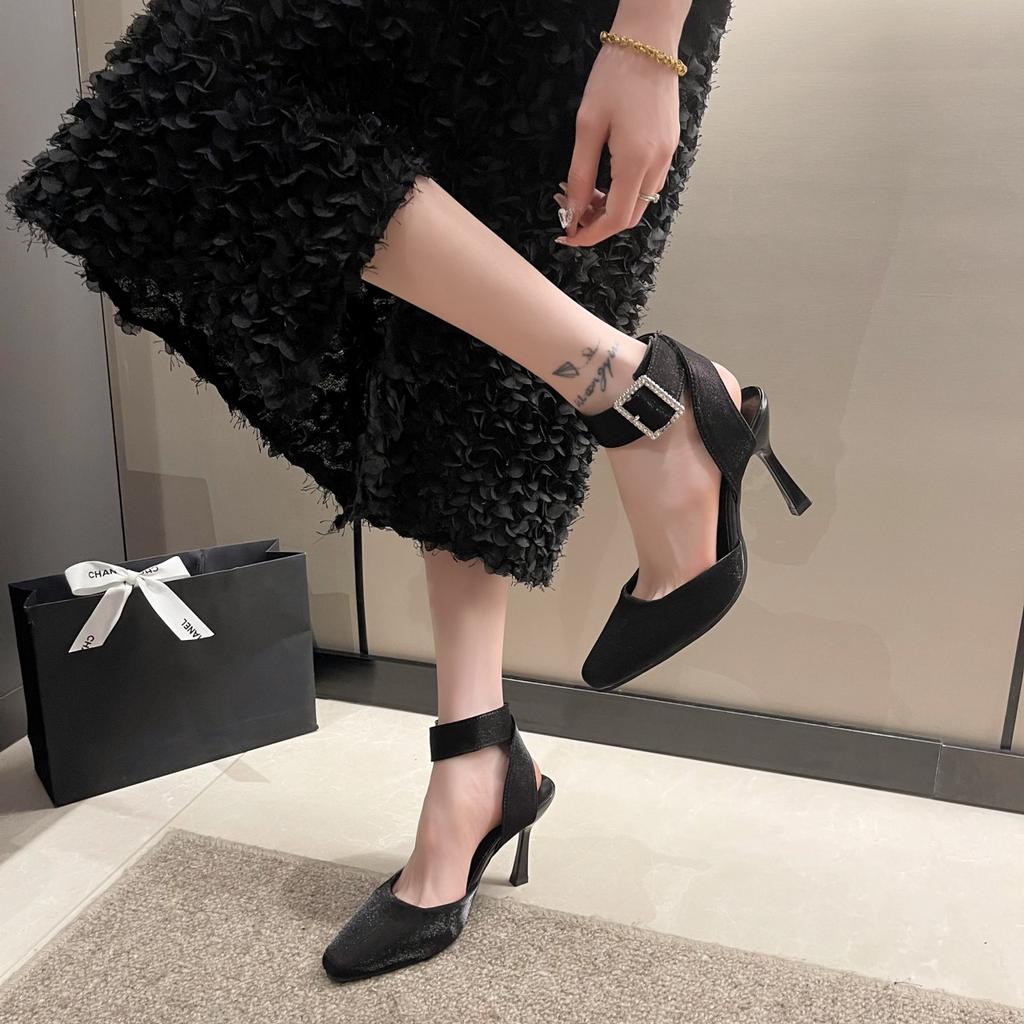 High heels women's summer 2025 new black sexy thin heel bag head shallow mouth square head versatile belt buckle sandals