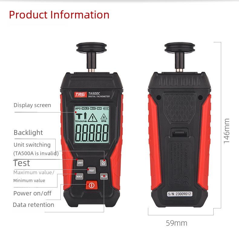 Tean Laser Tachometer TA500C: Digital Display Contact Speed and Line Speed Meter