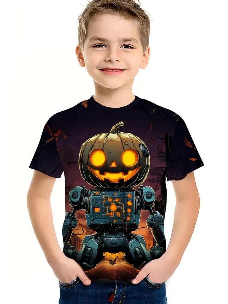 Rundhalsad 3D Robot & Pumpa Grafiskt Tryckta Kortärmade Barnpojks T-shirts - Mjuk Medium Stretch Polyestertyg Sommar Avslappnad Passform Kläder