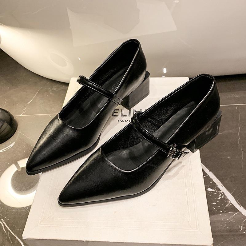 French pointed thick heel with Mary Jane shoes women's 2025 summer new shallow single shoes evening shoes small leather shoes