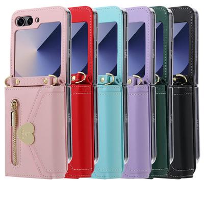 Love Heart Zipper Crossbody Wallet Leather Case For Samsung Galaxy Z Flip 6 Flip 5 4 3 Cards Holder Long Lanyard Cover