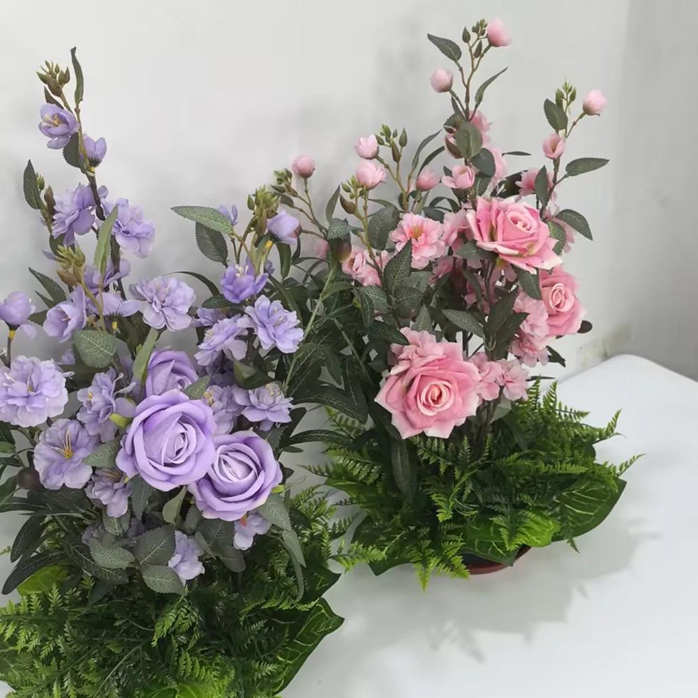 Home Decoration Artificial Flower Potted Roses Cherry Blossom Plants And Green Grass Mixed Placed Birthday Desktop Potted Plant