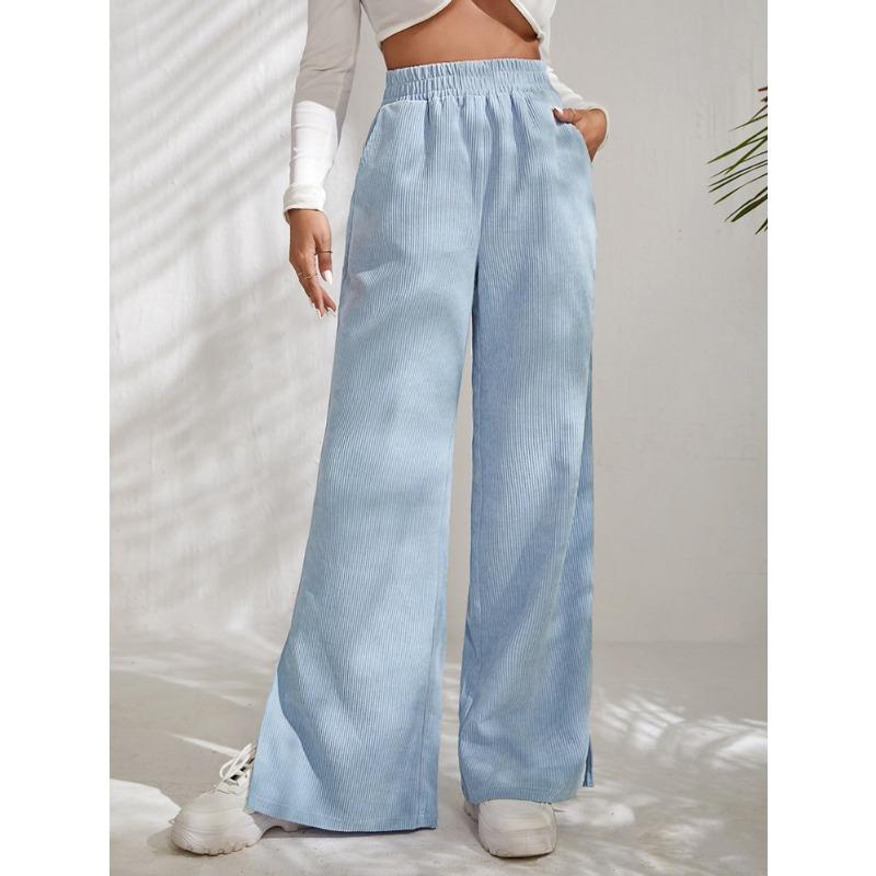 Spring and Autumn Women's Pants High Waist Casual Pants Solid Colour Corduroy Splicing Slit Hem Long Pants