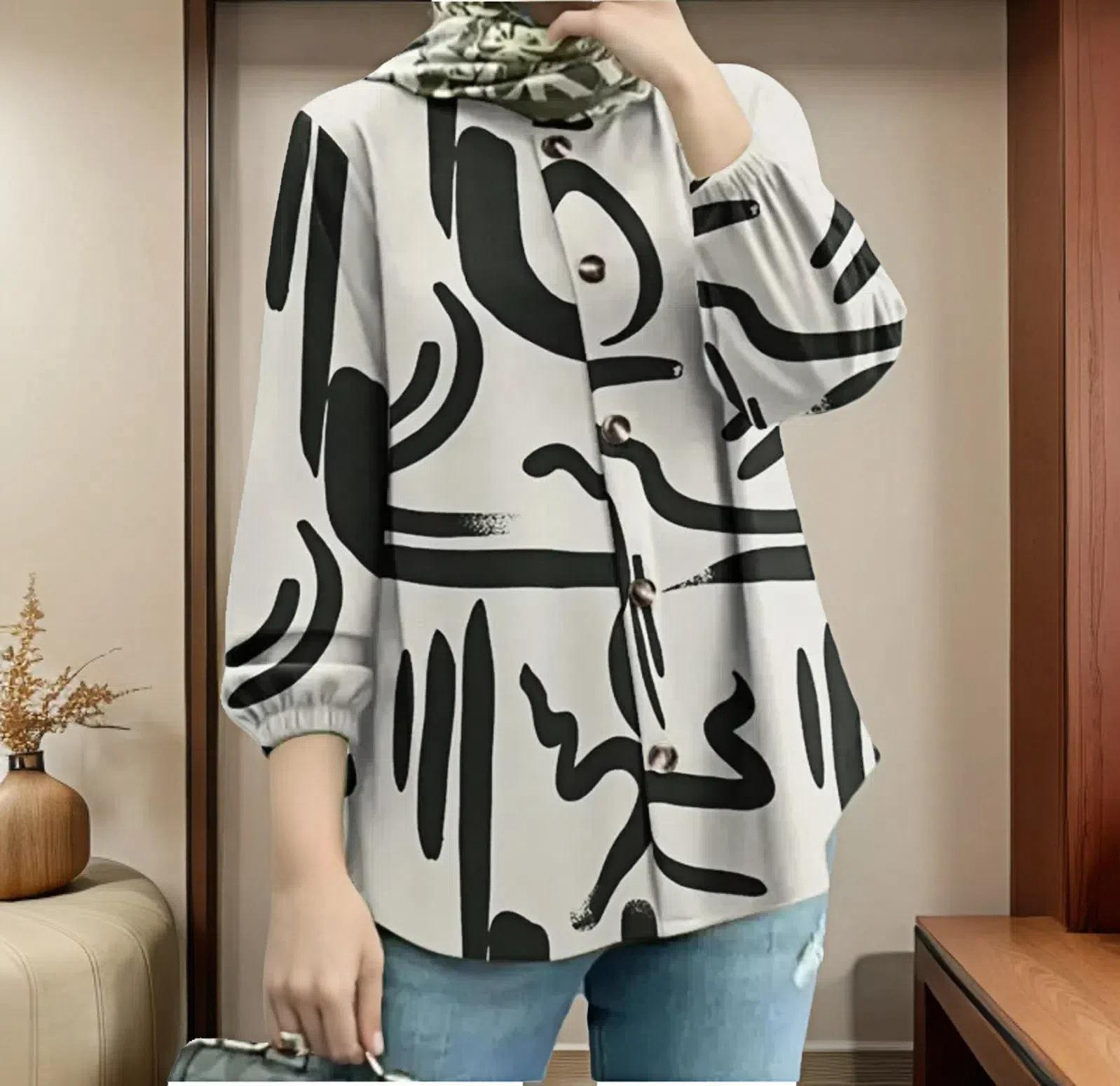 

New Arrival: Plus Size Women s Puff Sleeve Print Button Shirt XXXL чёрный