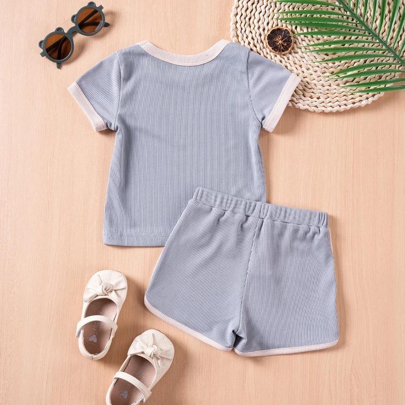 Boys Girls Ribbed Summer Outfit Set Toddler Short Sleeve T Shirt Shorts Children 2Pcs Clothes Sets Korean