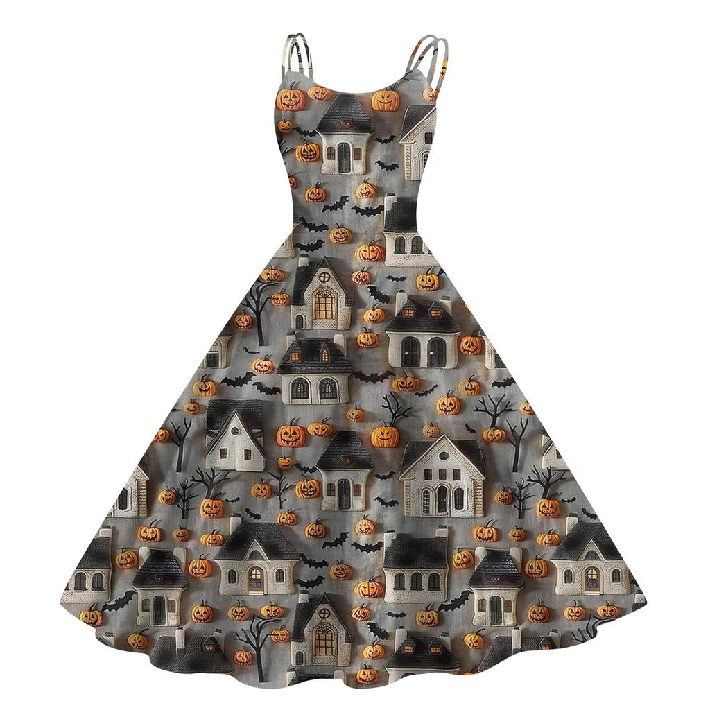 Women's Fashion Casual Halloween Print Sexy Off Shoulder Punk Retro Dress