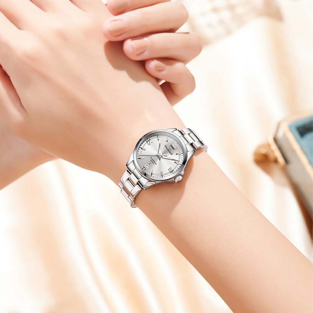 OLEVS Quartz Watch with Stainless Steel Classic Luminous 30M Water and Cute for Business or White Women's Band, Dial, Function, Resistance, Popular,
