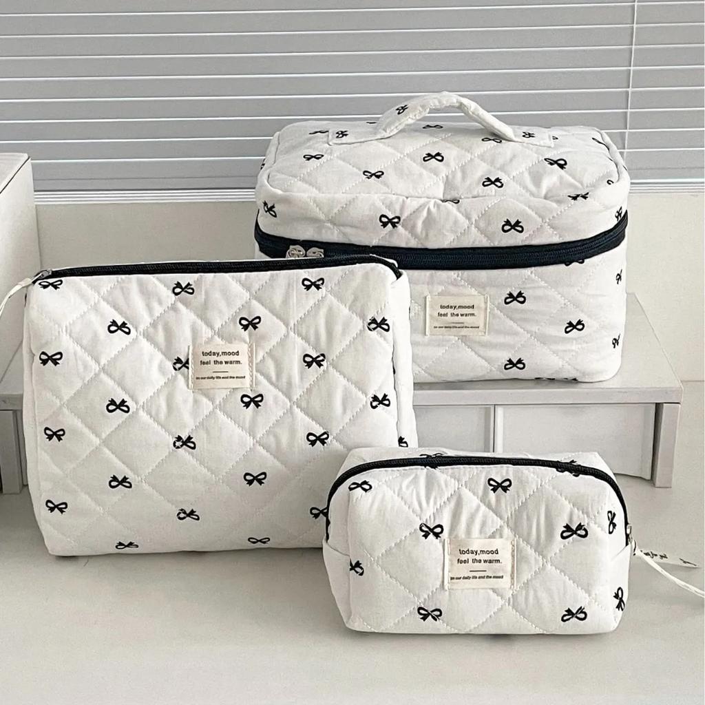 Large Capacity Quilted Cotton Ladies Pillow Handbags Sweet Bowknot Women's Cosmetic Bags High-Quality Female Wash Storage Bag