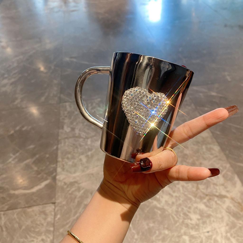 Diamond studded heart-shaped water cup, high aesthetic 304 stainless steel, coffee cup, portable mug