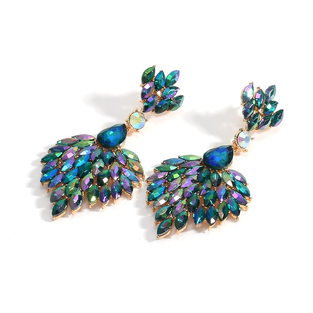 Retro Iridescent Rhinestone Fan-Shaped Dangle Earrings for Dinner Parties