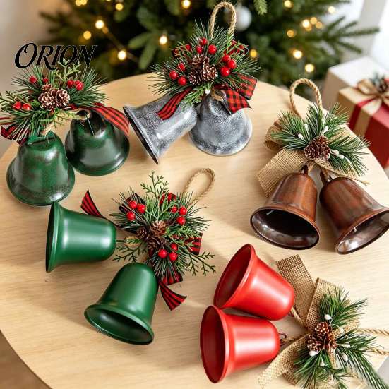 Holiday Party Door Decor Christmas Bell Ornaments, Metal Double Jingle Bells Xmas Tree Hanging Wreath Accessories Decoration with Pinecones