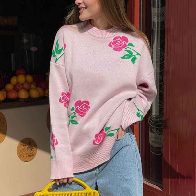 Çiçek Baskılı Moda Kazak Kadın Günlük Bol Kadın Örme Üst Kış Kalın Sıcak Oversize Örme Kazak