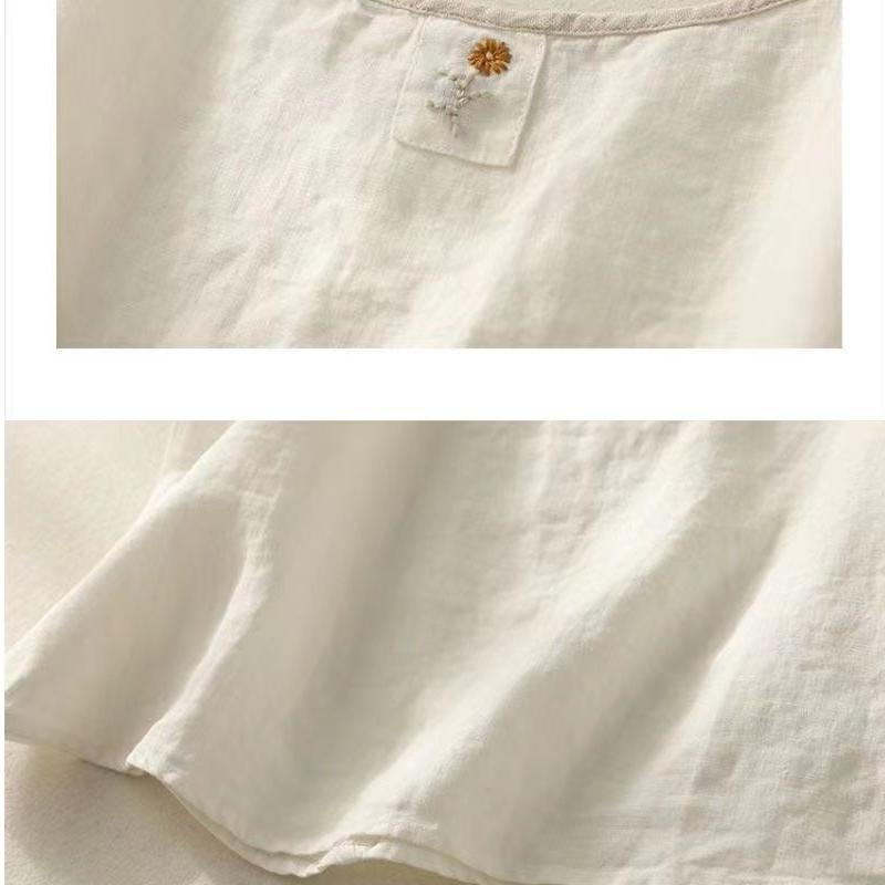 Vintage Embroidered Linen Camisole Women Summer Loose Casual Simple Sleeveless Top