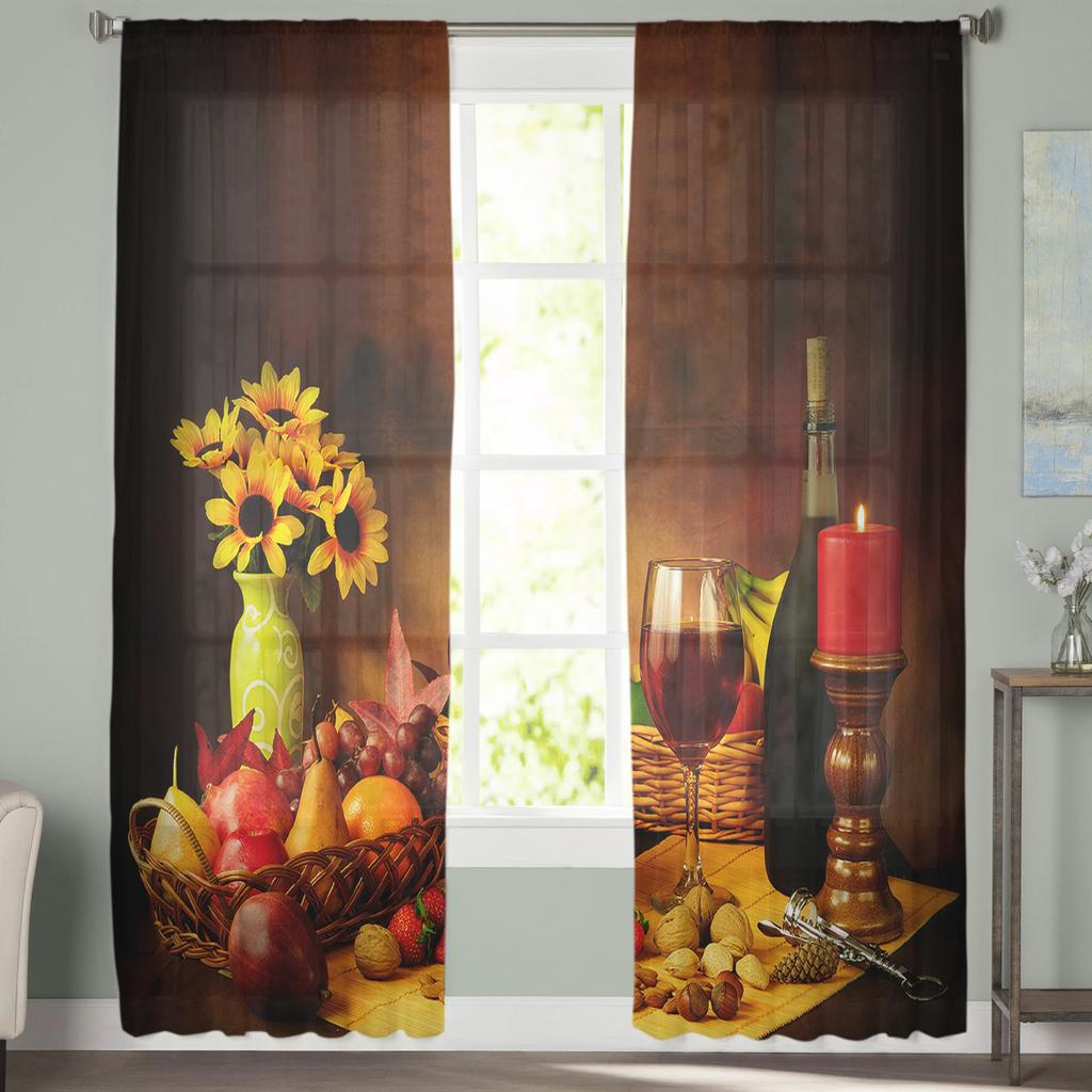 Vintage Venkovský styl Ovoce Jídlo Víno Tyl Závěsy do obývacího pokoje Výzdoba ložnice Průhledný Průsvitný Voál Závěs na okno