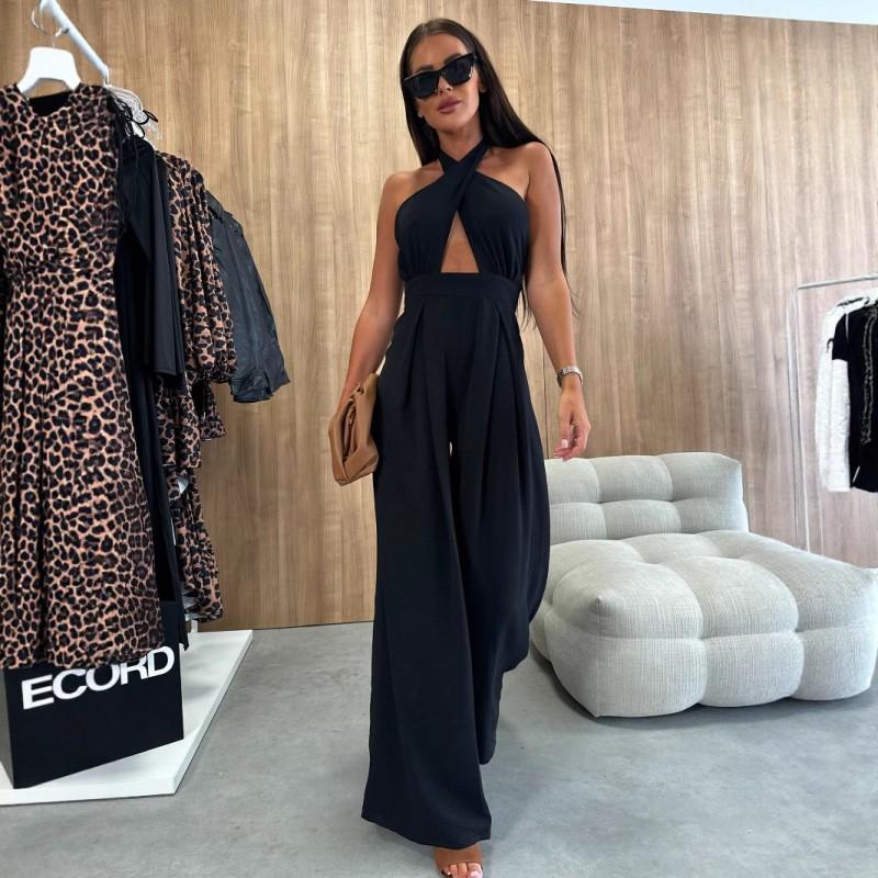 Solid Color Sleeveless Off-Shoulder Halter Neck Wrap Waist Jumpsuit Women 2025 Wide Leg Elegant Office Chic
