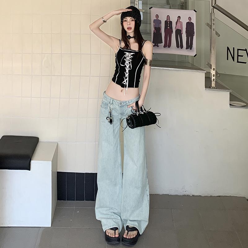 

American Light Blue Low-Waist Loose Jeans for Women - 2025 Autumn Straight-Leg Slimming Versatile Wide-Leg Pants XS