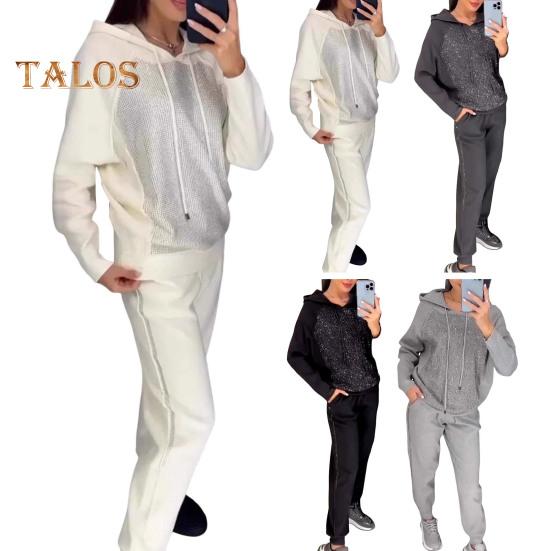 2 szt./zestaw damski bluza z kapturem spodnie garnitur kryształki dekoracyjne długie rękawy patchwork sportowa bluza spodnie z elastycznym pasem fitness strój jesień wiosna dres