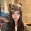 Retro Plaid Beret British Versatile Literary Painter Hat Autumn and Winter Woolen Warm and Cute Cat Ears Octagonal Hat