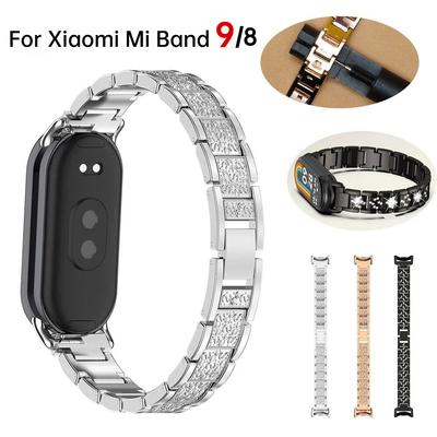 Pulseira de metal fina e elegante para Mi Band 9, pulseira para Xiaomi Mi Band 8, pulseira brilhante para mulheres, pulseira de liga metálica prateada