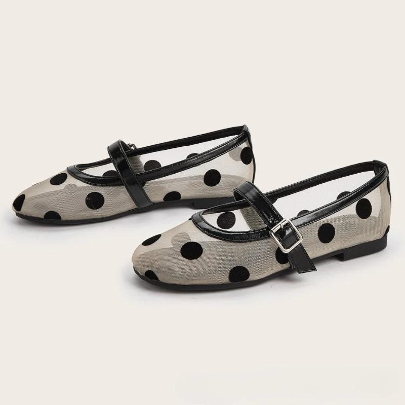Fashion Breathable Mesh Black Polka Dot Ballet Flats Fashion Shallow Flat Sandals Women Comfortable Round Toe Plus Size Mary Jane Shoes