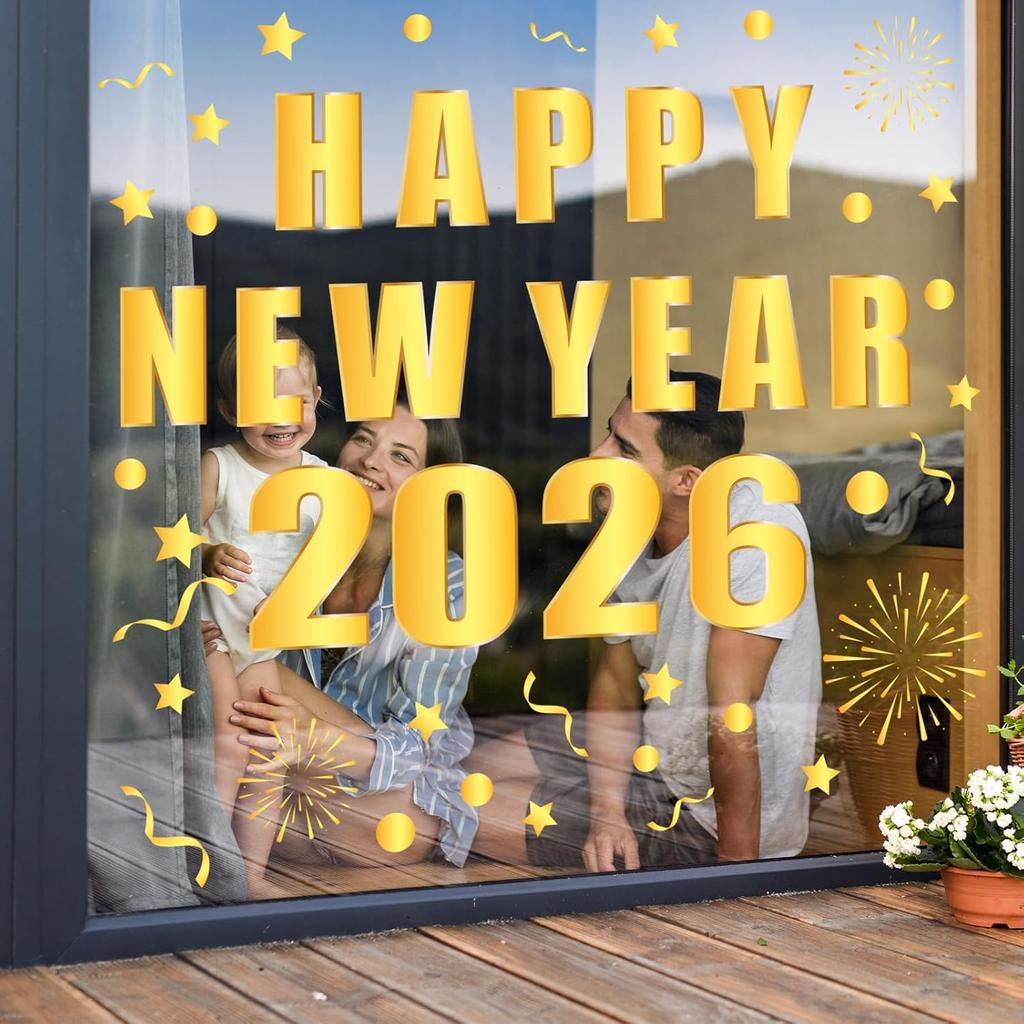 Whaline 6 Sheet 2026 Happy New Year Window Clings Foil Gold New Years Eve Firework Reble Window Decals for Home Office Classroom Party Decor