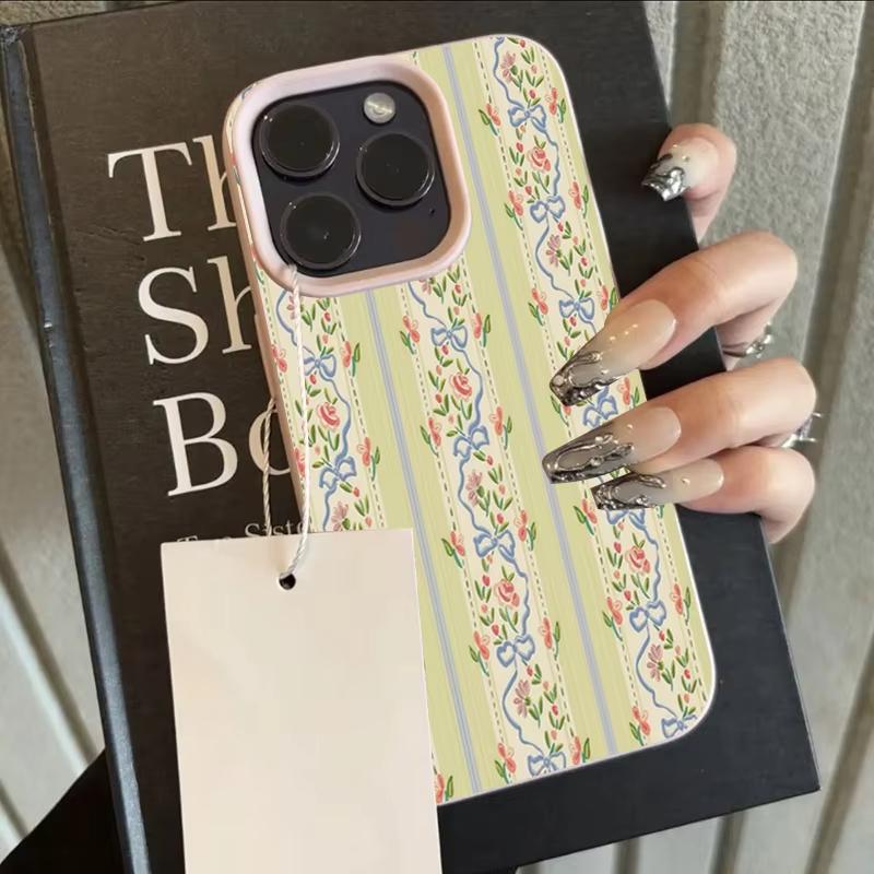 Floral Stripes Pattern Phone Case For iPhone 17 Pro Max 16 Plus 15 Pro 14 13 12 11 XR 17Air Lychee Textur Soft Cover