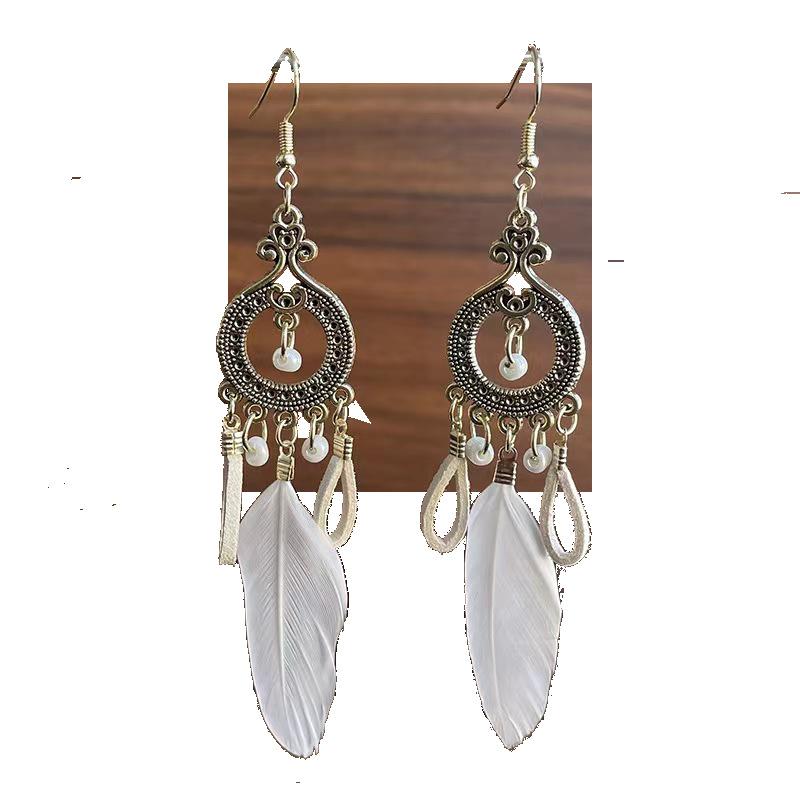 Ethnic Style Long Feathered Fringed Earrings Retro Bohemian Travel Auction Earrings Jewelry