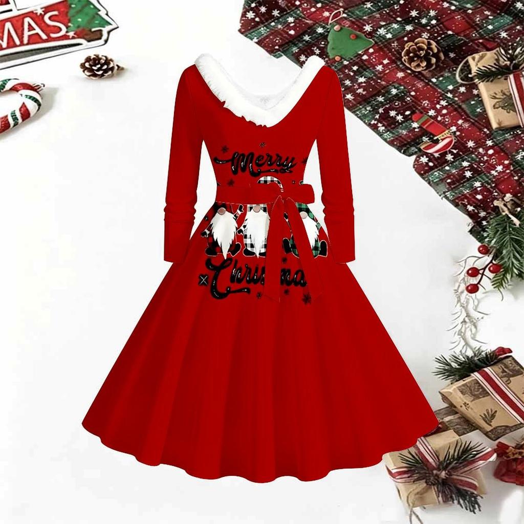 Women Christmas Print Midi Dress, Long Sleeve V‑Neck Furry Trim A‑Line Party Dress, Christmas Limited Edition