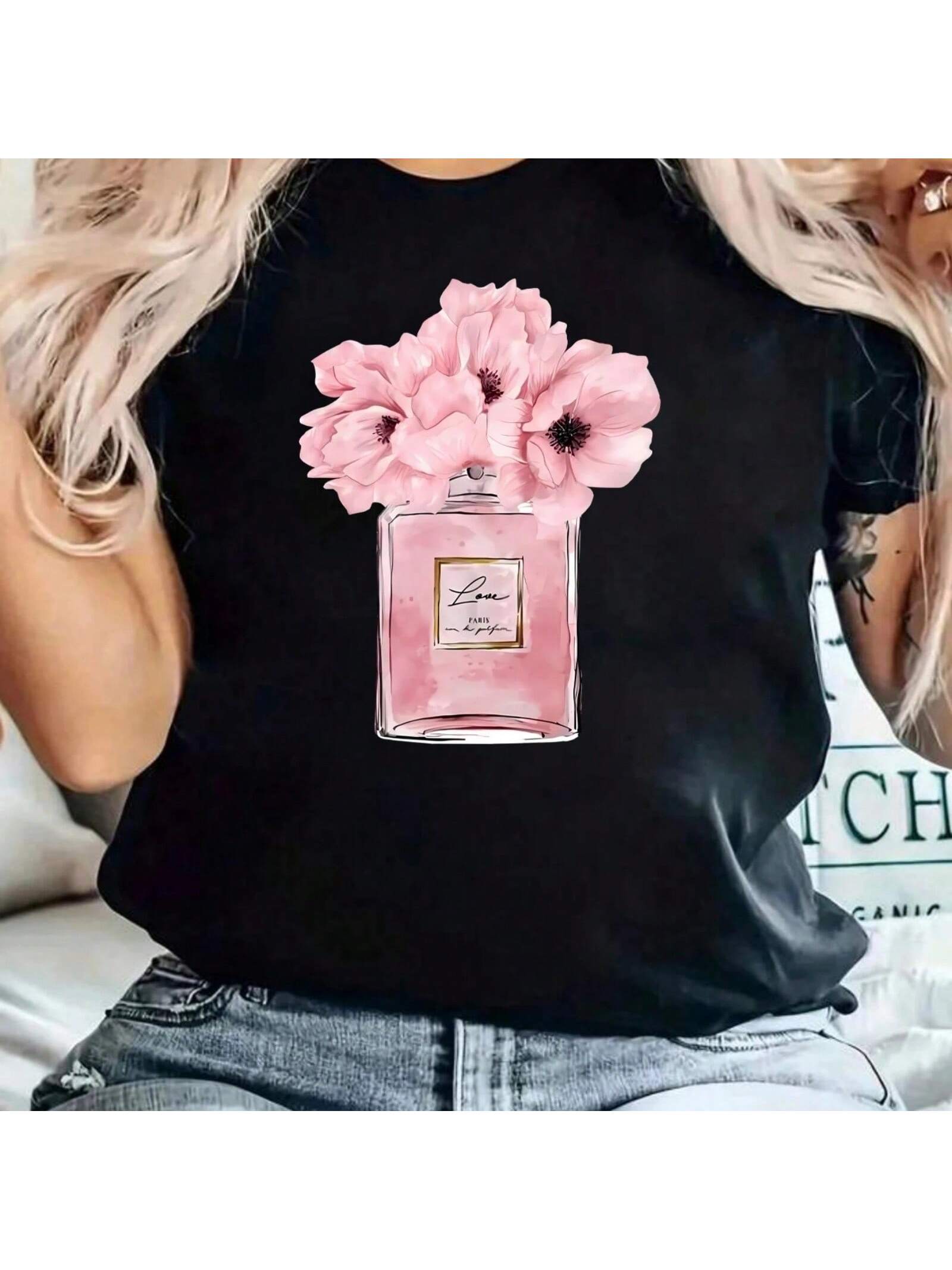Pink Bottle Pink Flower Pattern Round Neck Wounisex T-Shirt Short Sleeve Fashion Printing Half Sleeve Shirt Stretch T-Shirt S разноцветный